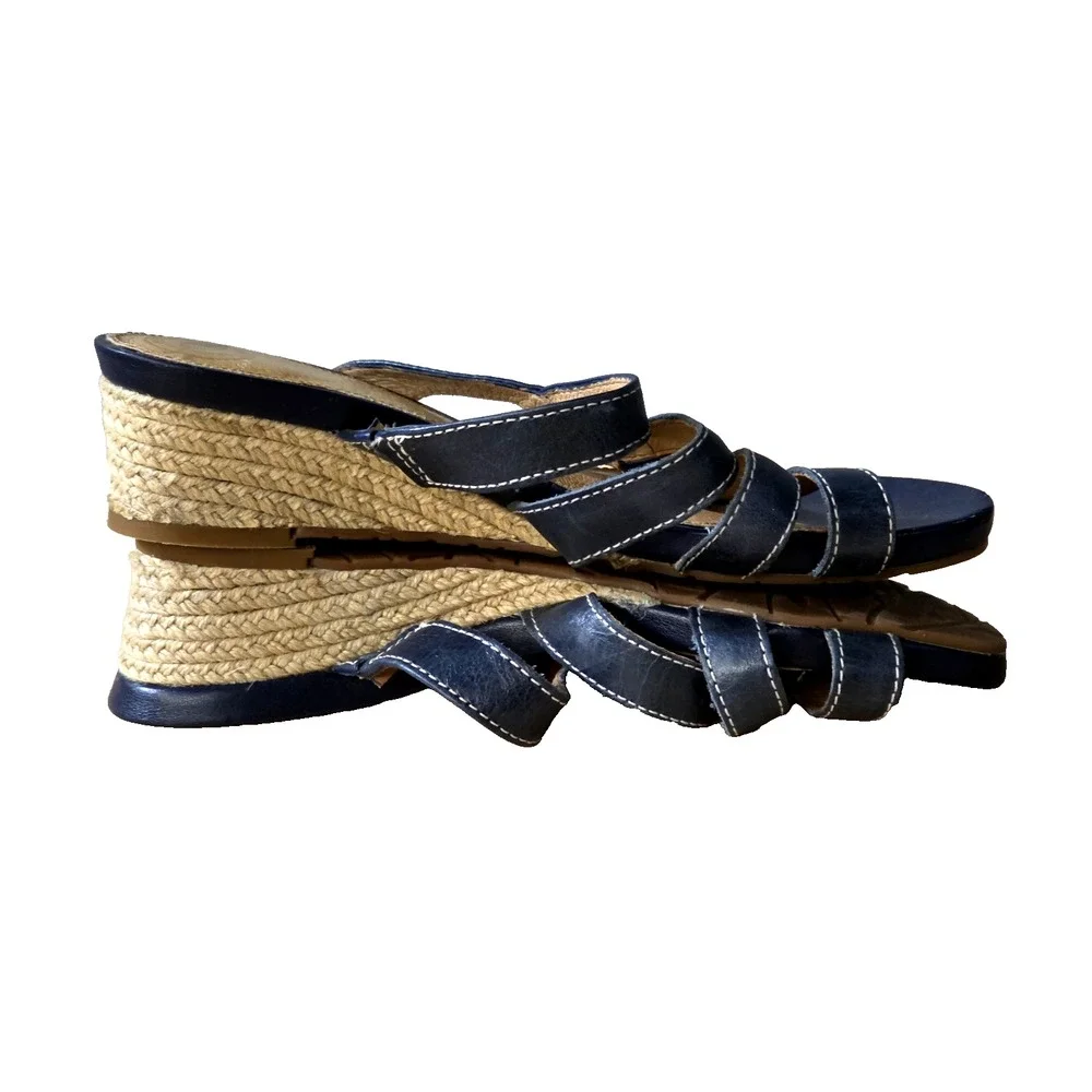 NURTURE Women's Leather Platform Wedge‎ Espadrille Slide Sandals Size 8.5M Blue
